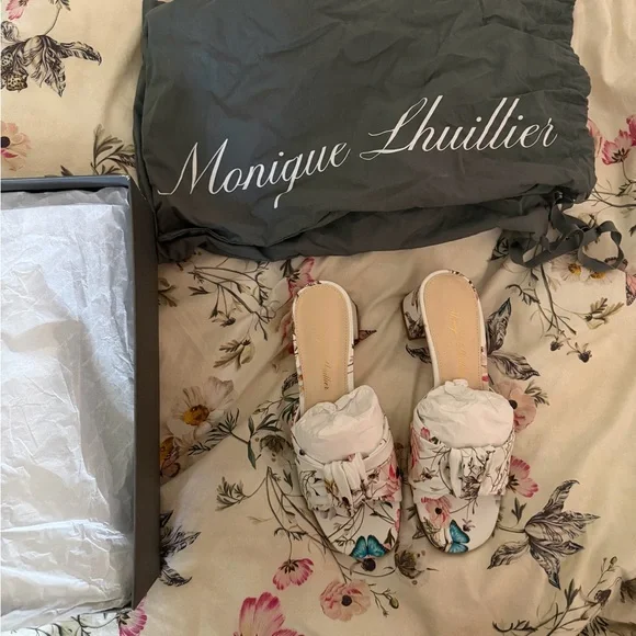 Monique Lhuillier Dylan botanical floral mules heels Tuileries pattern sandals